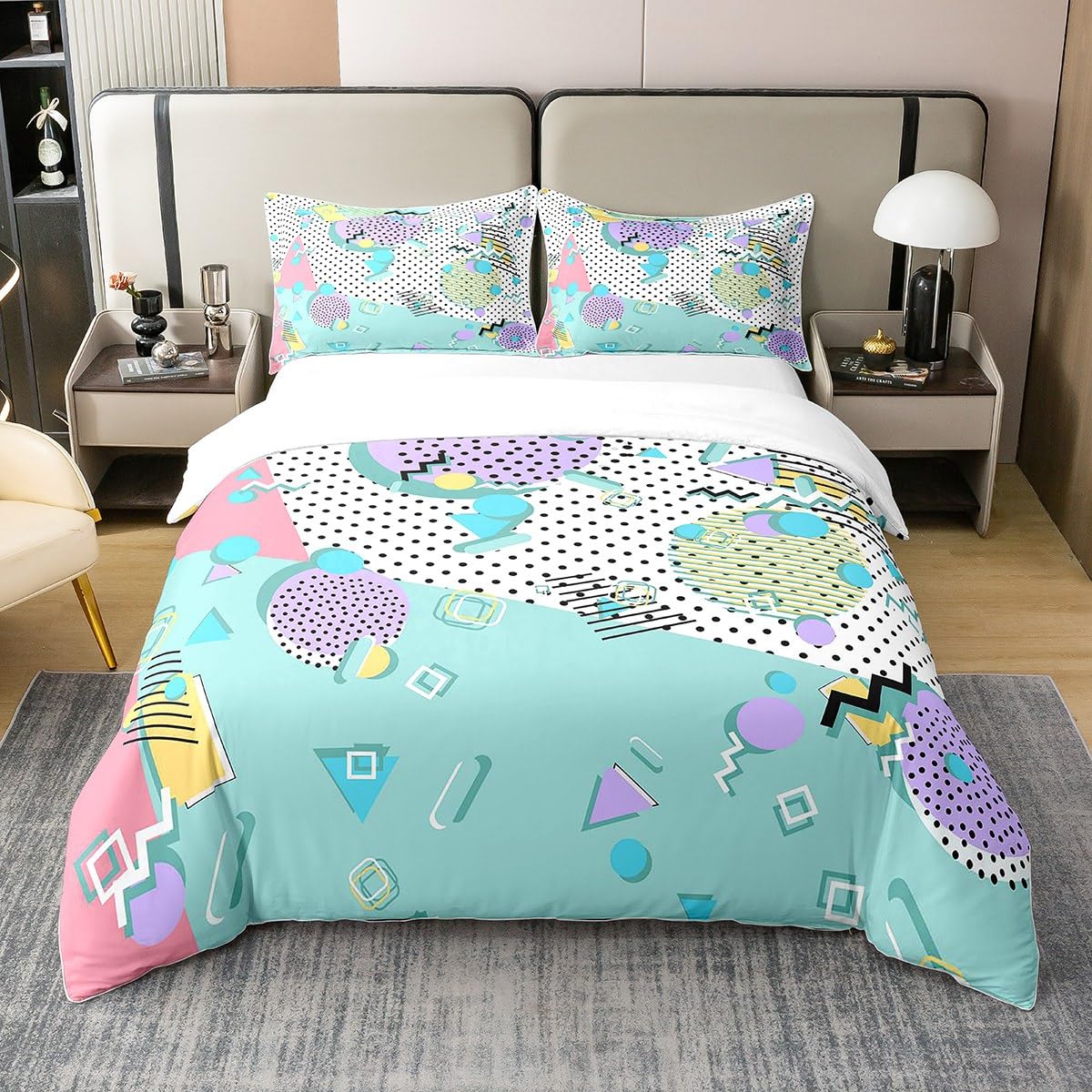 Memphis 100% Cotton Duvet Cover King,Colorful Memphis Style Comforter Cover,Child Trippy Circle Triangle Bedding Set for Kids Boys Girls Retro 80'S 90'S Style Abstract Artwork Bedspread Cover