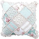 DaDa Bedding 1-Piece Patchwork Blooming Floral Euro Pillow Sham - Hint of Mint Cotton Garden Country Cottage - Ruffles Muted Pastel Light Seafoam Blue/Green - 26" x 26"