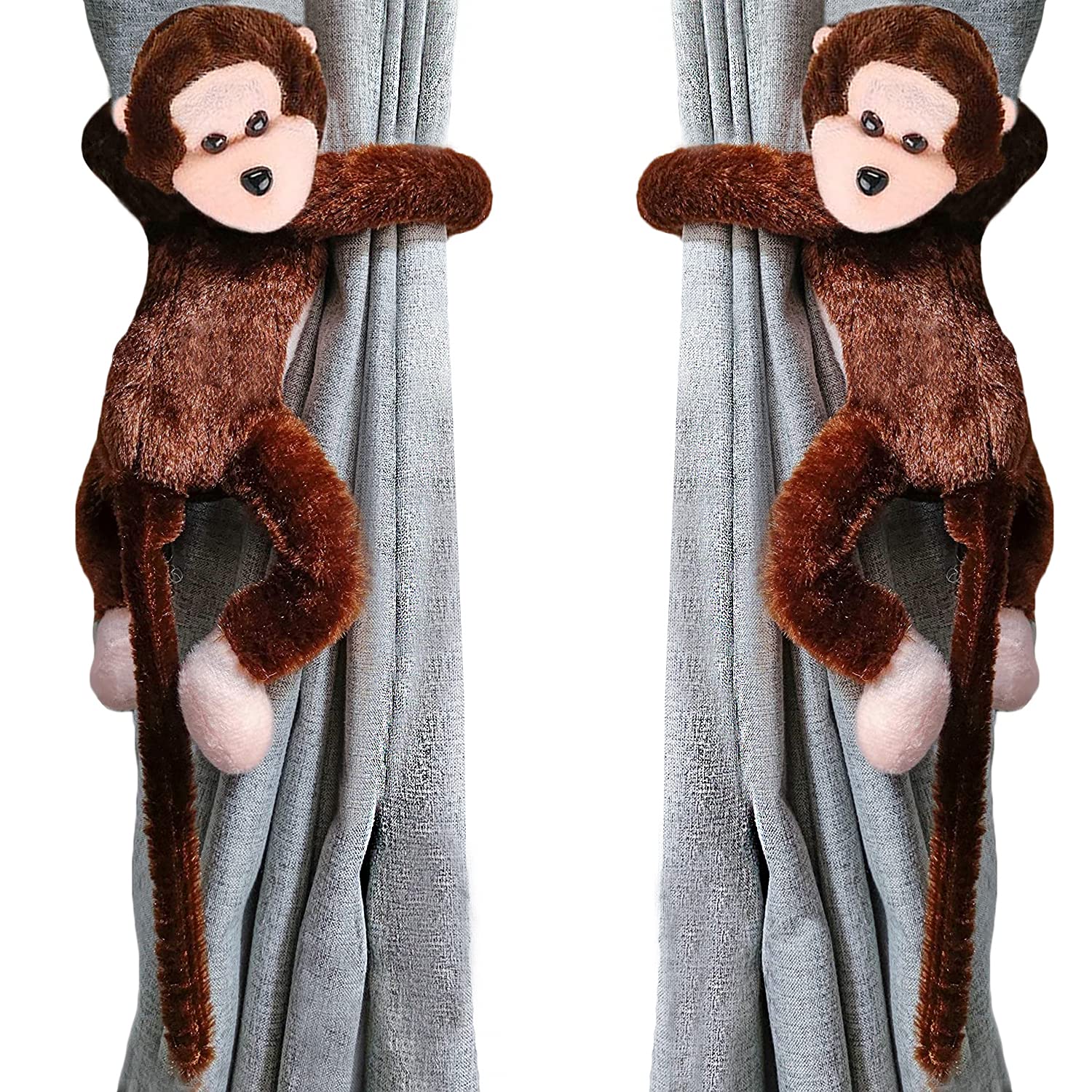 1 Pair Cutest Monkey Curtain Tiebacks Set Soft Plush Animal Curtain Holdback Clips Hooks Bedroom Decorative Window Curtain Tie Backs Jungle Bedroom Accessories Home Decor