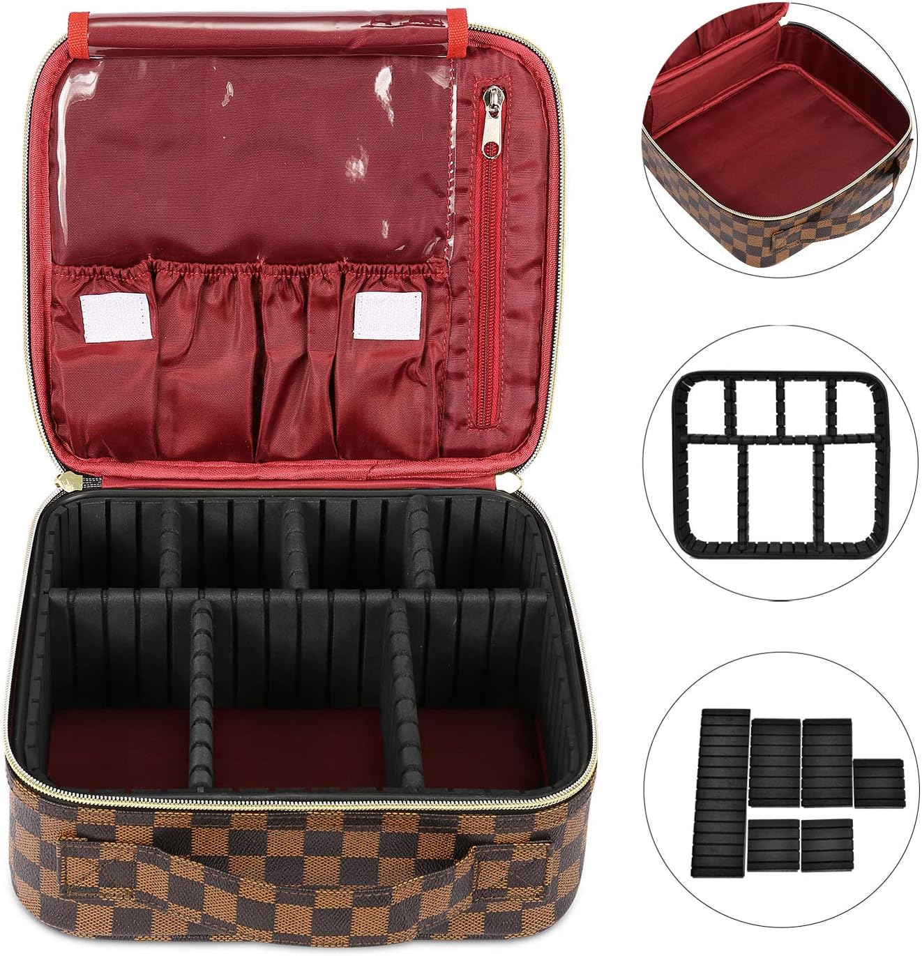 FOOXII Makeup Bag Travel Cosmetic Case Professional Train Case Large Make Up Storage Organizer for Women Girls, Brown