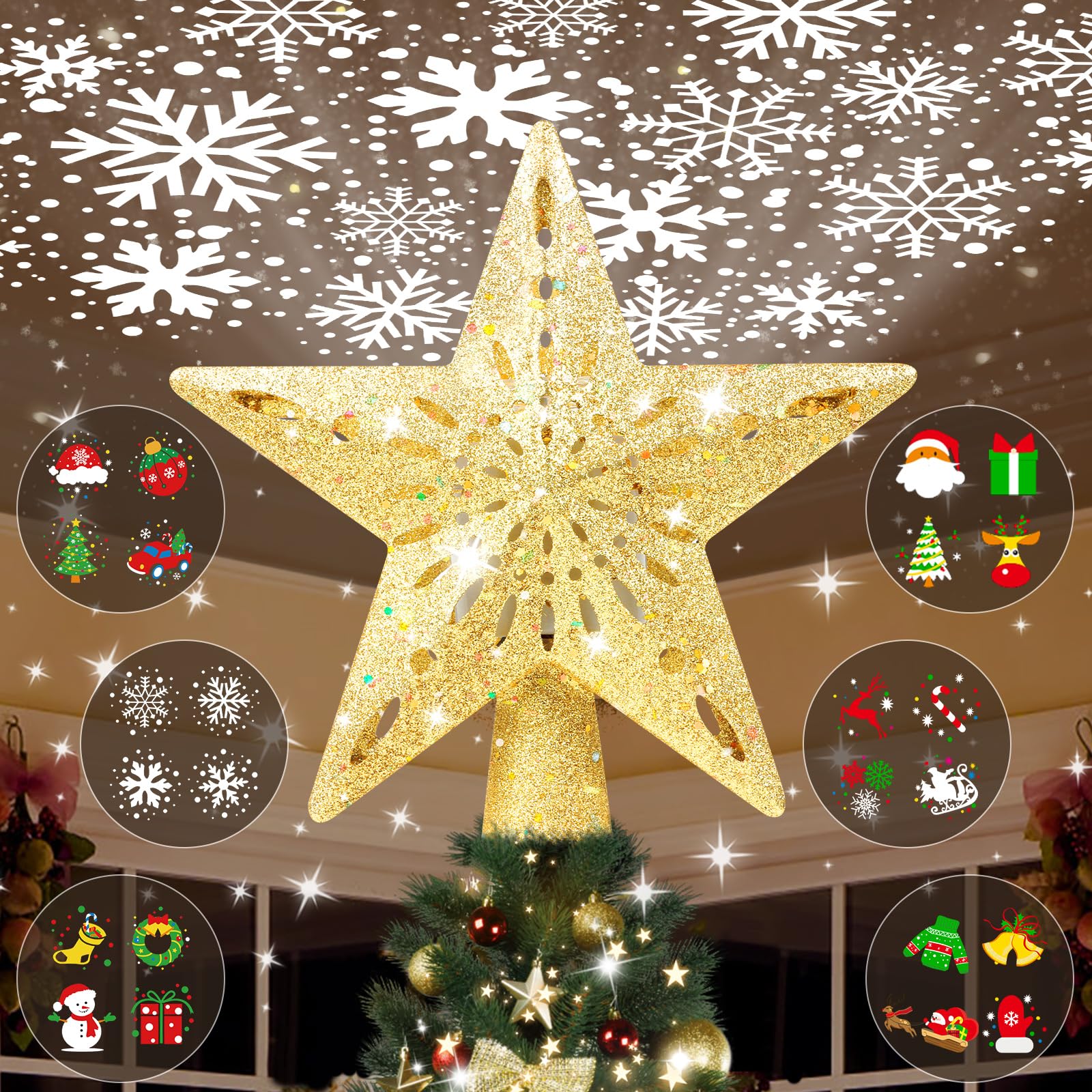 Photo 1 of Christmas Tree Topper Lighted with 6 Projection Modes, Christmas Star Tree Topper Built-in Rotating Magic Cool Dynamic Projection, 3D Glitter Gold Star Tree Topper for Christmas Party Decorations