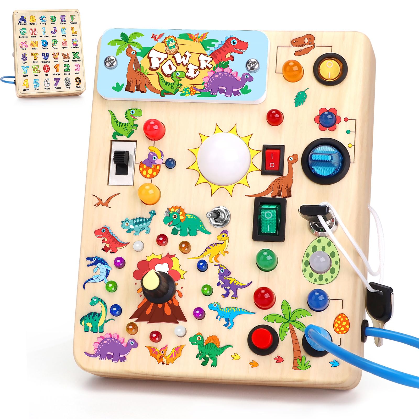 Dinosaur Montessori Busy Board for toddlers for 1 year old Activity Board Wooden Toy With 10 Switches and 23 LED Lights Sensory Board Motor Skills Toy for Babies and Children 1 2 3 years Boys