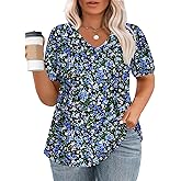 VISLILY Womens-Plus-Size-Summer-Tops Casual V Neck T Shirts Dressy Puff Short Sleeve Tunics Tee Cute Pleated Blouses XL-5XL