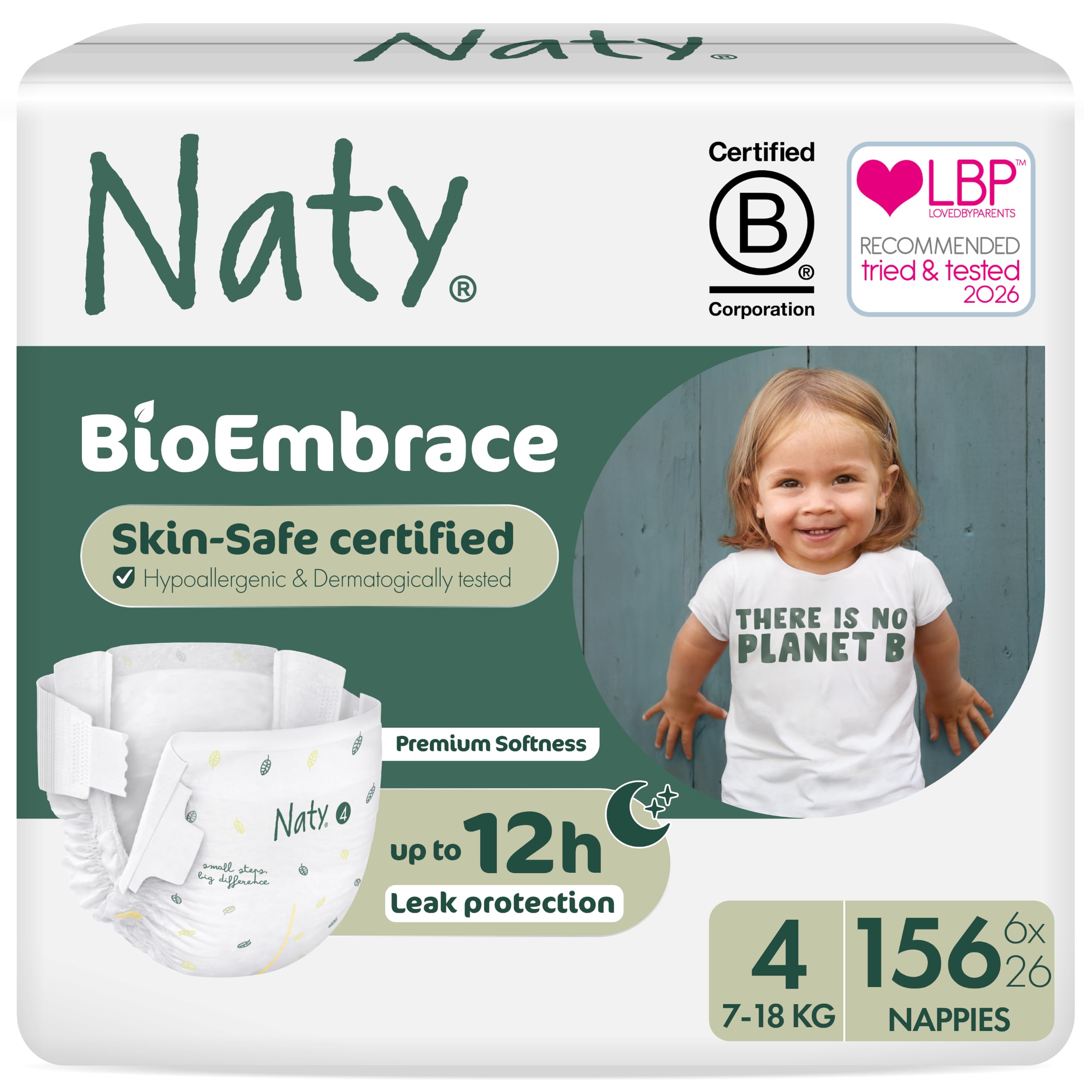 Naty BioEmbrace Baby Nappies, Sensitive Skin, Size 4 (7-18kg), 156 Count