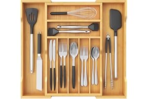 Lifewit Silverware Drawer Organizer, Expandable from 12 to 21 Inches, 9 Slot Utensil Tray for Kitchen, Bamboo Flatware and Cu