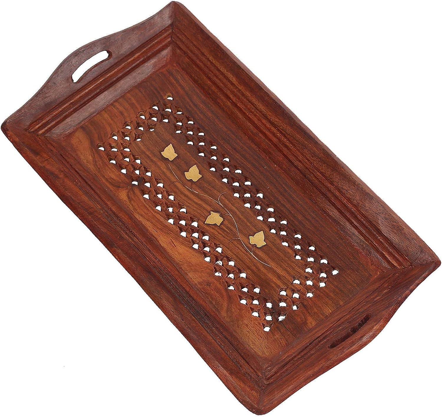 Handcrafted Wooden Tea Coffee Serving Tray with Brass