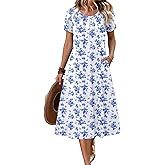 Zeagoo Womens Casual Summer Dress 2026 Petal Short Sleeve Dresses with Pleats Midi A Line Flowy Dress Boho Sundress