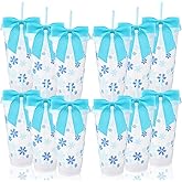 Skylety 12 Sets Snowflake Themed Party Plastic Cups with Blue Twist Bows 24 oz Reusable Snowflake Cups Gift Winter Wonderland Birthday Party Reusable Tumbler with Lids Straws for Winter Birthday Gifts