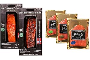 New York's Delicacy Gourmet Smoked Salmon Variety Gift Combo [3 x 4 Oz. most awarded pre-sliced salmon nova + 2 x 4 Oz. Gourmet Hot Smoked Salmon Fillet]