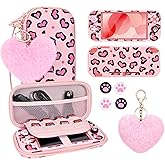 DLseego Love Leopard Carrying Case for Switch Lite 2019 Accessories Set, Portable Carrying Case with 1 Hard PC Shell & 8 Slots & 1PCS Plush Heart Pendant & 4PCS Cat Paw Thumb Grips Caps- Pink