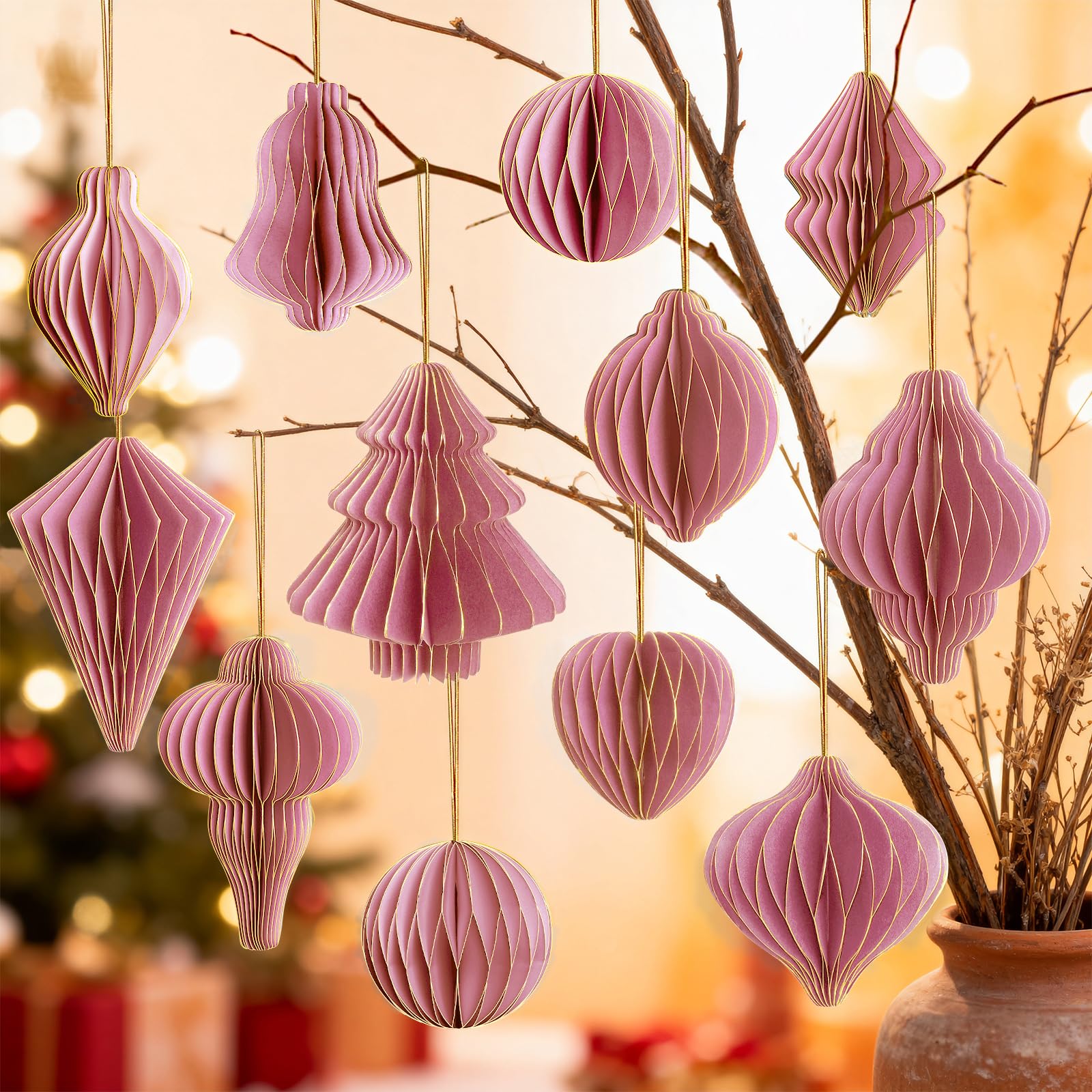 Photo 1 of 12Pcs Pink Paper Christmas Party Decorations, 3D Honeycomb Paper Hanging Ornaments with Glitter, Finial Honeycomb Lantern Lovely Ornaments for Christmas Trees Winter Wonderland Party