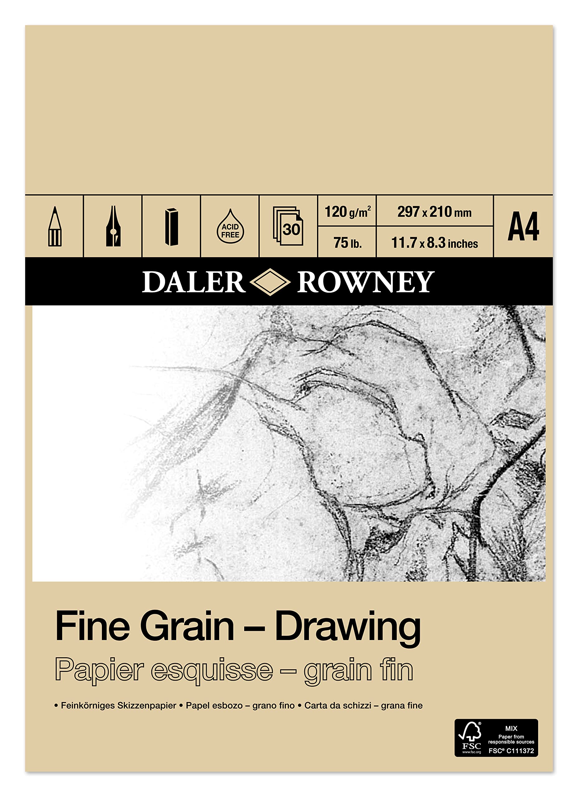 Daler-Rowney Fine Grain Lightly Textured 120gsm A4 Drawing Paper Pad, Glued 1 Side, 30 White Sheets, For Professional Artists & Students