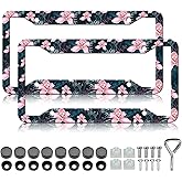 HCSS 2PCS Pink Lily License Plate Frames, Beautiful Floral Leaves Aluminum Metal License Plate Holder, Rust-Proof Waterproof Car Decorative Tag Frames for Standard US 12x6 Inch