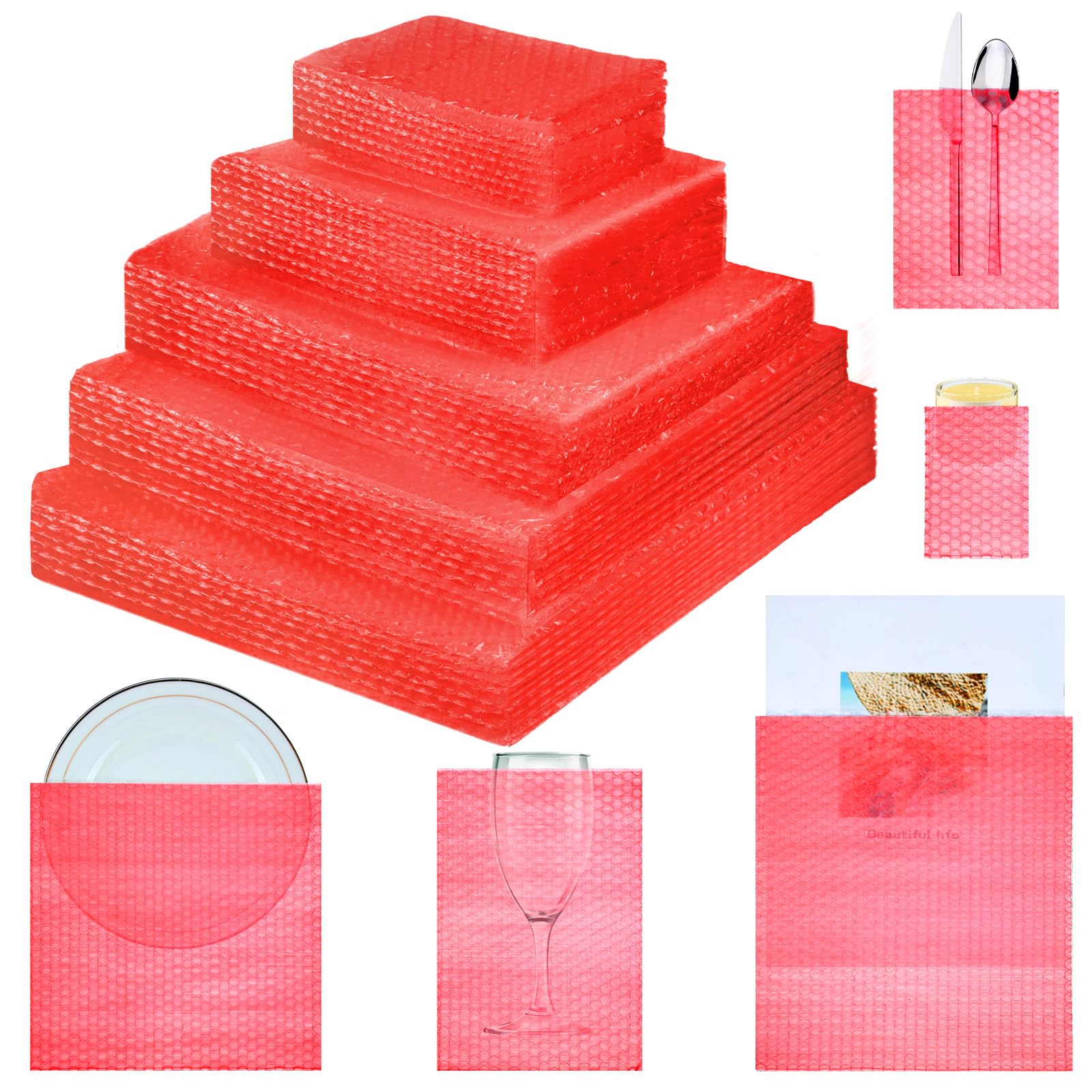 Photo 1 of 100 Pcs 5 Sizes Bubble Pouches Bags Bubble Bags for Shipping Packing Cushion Wrap Pockets Moving Supplies for Dishes and Glasses, China Cups, Glassware Mugs Packaging(Mixed Size,Clear Red)