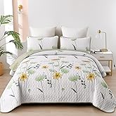 Dinjoy Floral Quilt Set Queen,Green Yellow Bedspread Queen Size 3 Pieces Sage Green Bedding Set Summer Fall Quilts Soft Flower Bedspreads White Coverlet Sets for All Season