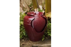 XBrand PLFT3394RD Glazed Jar Fountain w/Ridges Waterfall Indoor Outdoor Decor, 17 Inch Tall, Red