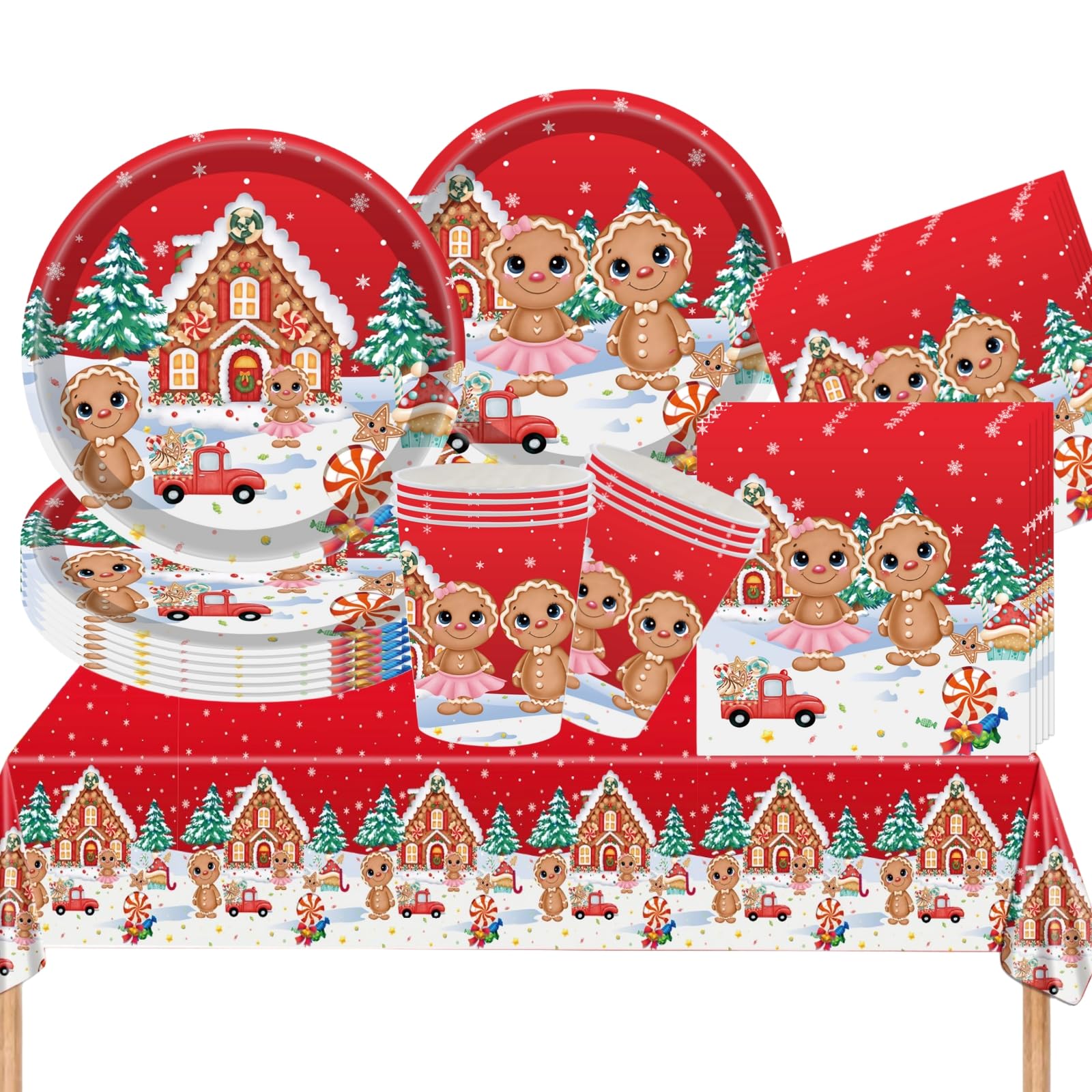 COSORO 69Pcs Christmas Party Tableware, Red Gingerbread Man Dinnerware Set, Plastic Table Cloth Cover, Paper Plates, Napkins and Cups, Xmas Party Supplies