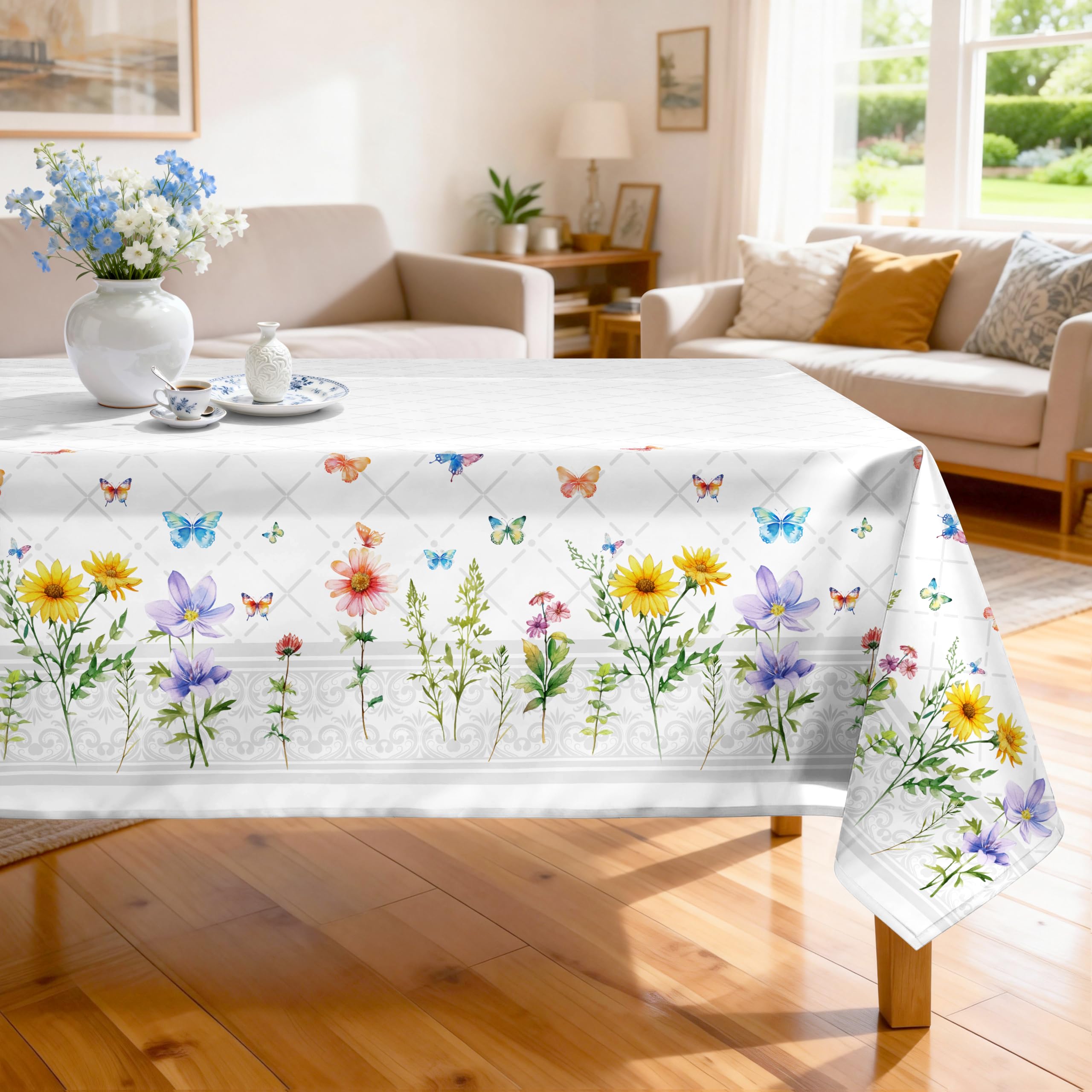 Arquiel Spring Summer Tablecloth, Retangle Vintage Butterfly Wildflower Tablecloth Waterproof, Stain Resistant Cloth Table Cover for Party Picnic Dinner Décor(152x213cm)