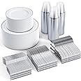 FOCUSLINE 600 Silver Dinnerware Set for 100 Guests, White and Silver Rim Plastic Plates Disposable, Including 100 Dinner Plates, 100 Salad Plates, 100 Cups, 100 Silverware Set for Wedding Party