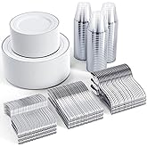 FOCUSLINE 600 Ct Silver Dinnerware Set for 100 Guests - Silver Rimmed Disposable Plastic Plates, Includes 100 Dinner & Salad Plates, Cups, Cutlery Set for Wedding Parties