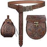EpicCos 3PCs Medieval Embossed Belt Pouch Set, Viking Buckle Belt Portable Side Bag, Faux Leather Cosplay Accessories (Brown A)