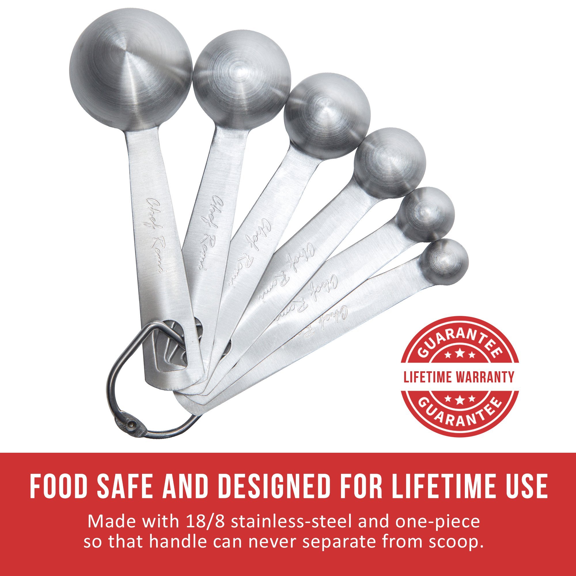 Juego de 6 Cucharas de Medicion – Garantia de Substitution de Por Vida - 1/8 - 1/4 - 1/2 - 1 Tsp Cucharilla de Cafe, 1/2 Tbsp & 1 Tbsp Cucharas de Medición de Acero Inoxidable – Esenciales de Cocina / Utensilios de Repostería