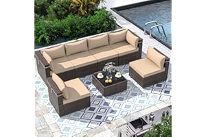 VONZOY Outdoor Patio Furniture Set 7 Pieces Sectional Rattan Sofa Set, PE Rattan Wicker Patio Conversation Set with 6 Seat Cushions and 1 Tempered Glass Table and Furniture Cover, Brown