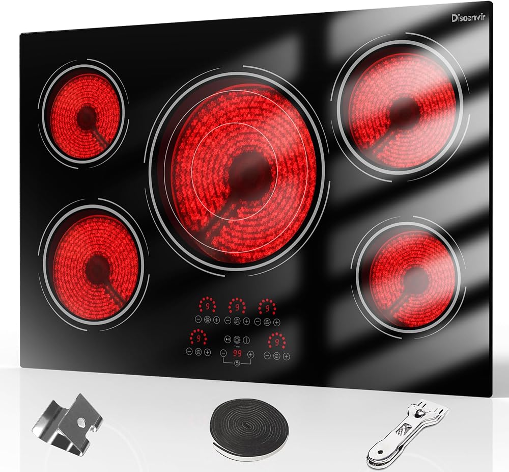 Disaenvir 30 Inch Electric Cooktop 9000W Built-in 5 Burner 240V Hard Wired | Cut-out Size: 29.13"x19.3", Powerful 30" Electri