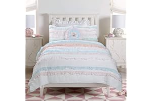 Cozy Line Home Fashions Light Pink Blue Coral White Ruffle 100% Cotton Reversible Girl Quilt Bedding Set, Reversible Coverlet Bedspread (Shabby Chic, Twin - 3 Piece)
