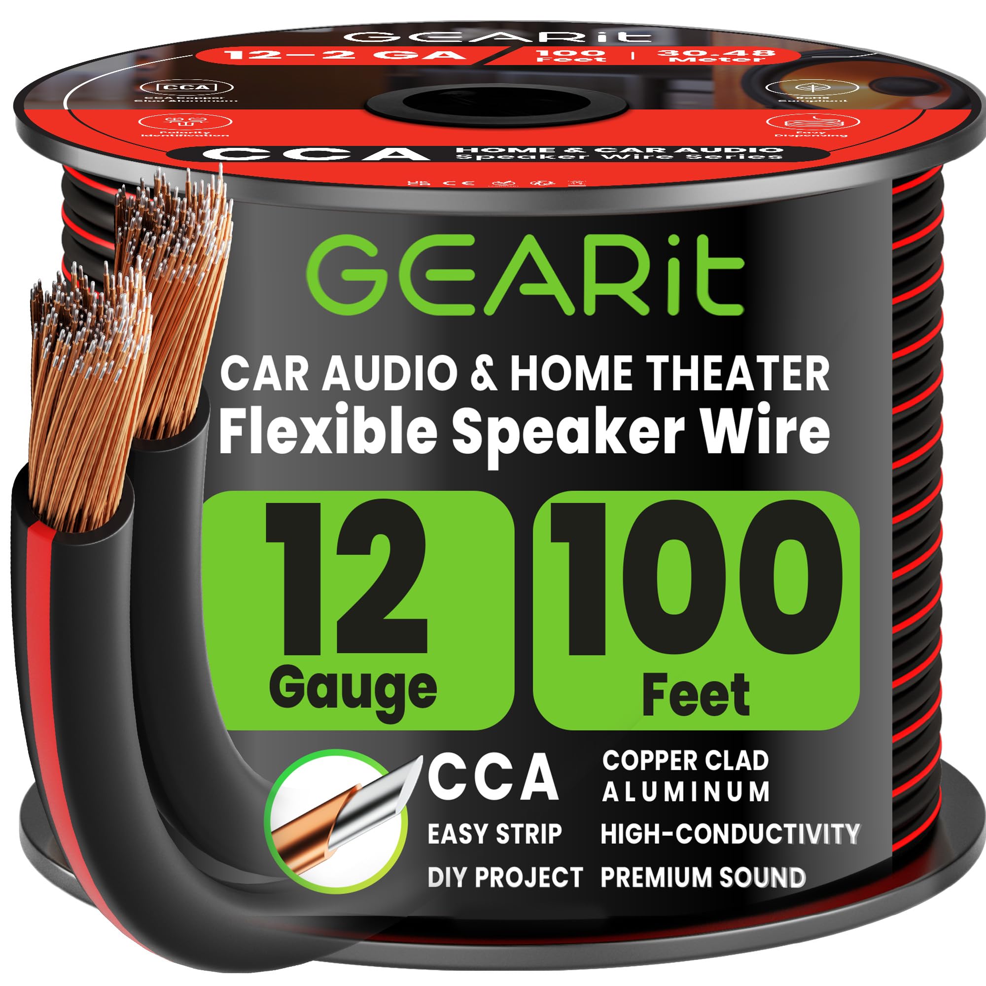 GEARit 12 Gauge Speaker Cable 100ft, Flexible 2x4mm² Speaker Wire with Polarity Markings, 2-Conductor 12AWG CCA Audio Cable for In-Wall Home Theater, Car Audio Stereo, HiFi Surround Sound (Black)