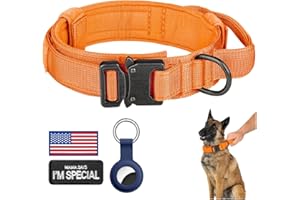 DAGANXI Tactical Dog Collar, Adjustable Military Training Nylon Dog Collar with Control Handle and Heavy Metal Buckle for Medium and Large Dogs, with Patches and Airtags Case (Orange, L)