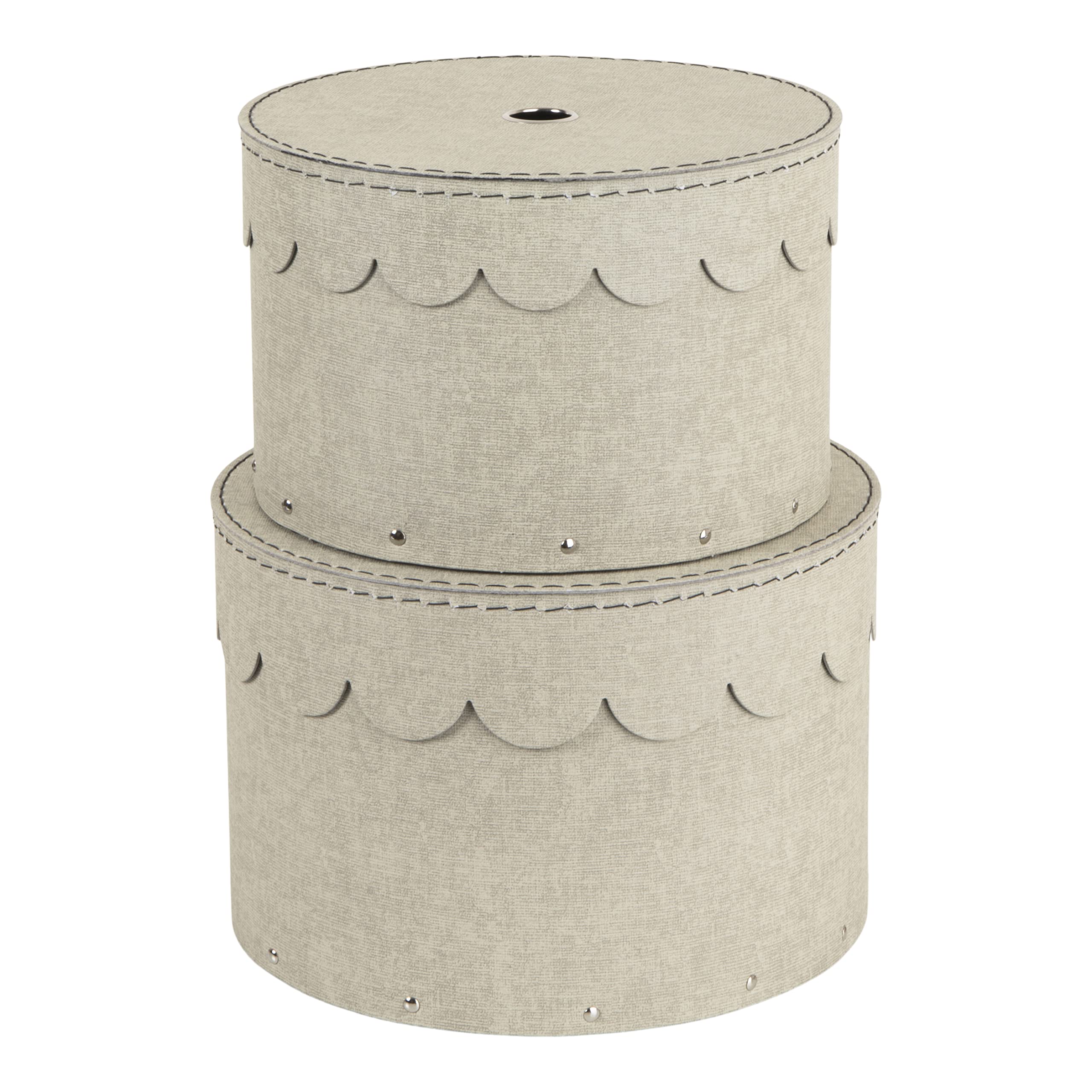 Bigso Box of Sweden Set of 2 Storage Boxes - Round Storage Box with Wavy Lid Design - Large and Small Hat Box Duo Made of Fibreboard and Paper in Linen Look - Beige