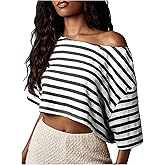 Milumia Women's Y2k Striped Off Shoulder Crop Top Textured Short Sleeve Going Out Tee Tops