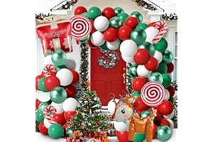 ZFUNBO Christmas Balloons Garland Arch Kit, 85 Pcs Red Green White Balloons with Candy Elk Santa Claus Gift Box Mylar Balloons for Candy Theme Baby Shower Birthday Christmas party Decoration