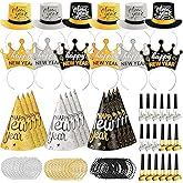 84Pcs New Year’s Eve Party Supplies for 24 Guest Black Gold Wearables Noisemakers 2026 Happy New Year Party Decoration include Cone Hats Tiaras Tassel Squawkers Beaded Necklace Great Party Favors
