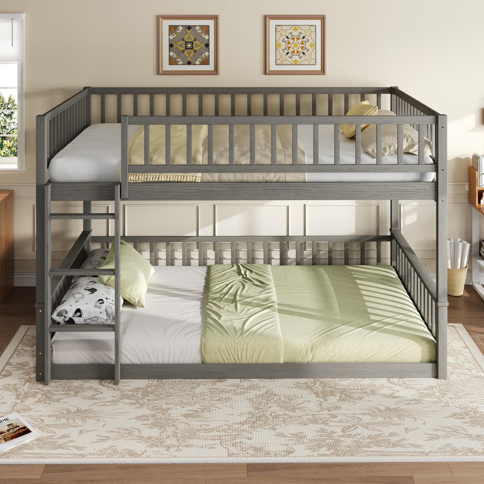 Photo 1 of Merax Queen Over Queen Bunk Bed with Ladder & Guardrails - Solid Wood Double Bunk Bed for Adults/Teens, Convertible to 2 Separate Platform Beds, No Box Spring Needed, Gray                                                                                    