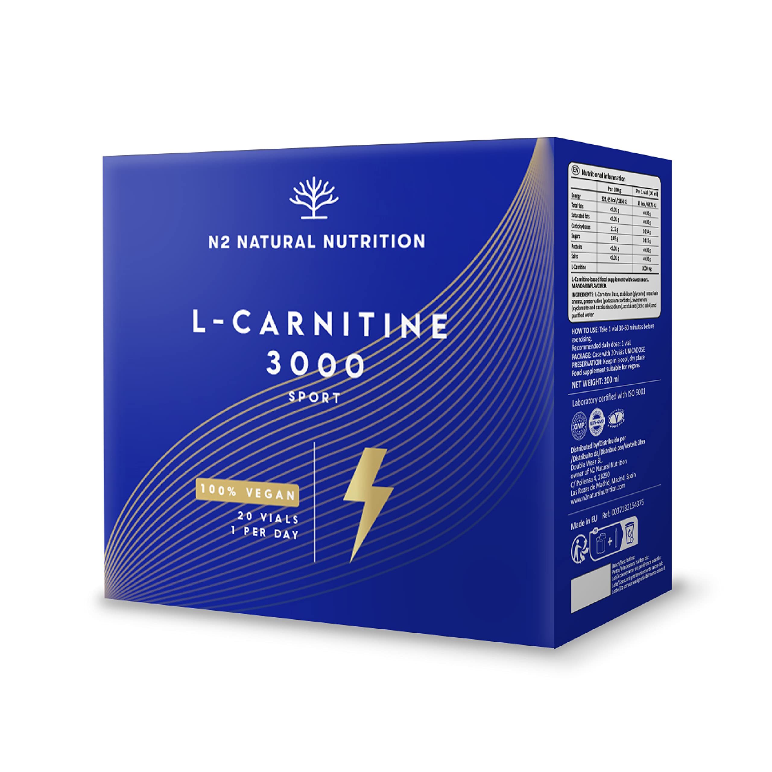 L-CARNITINE 3000 Pure 20 Ampoules Pre-Workout Booster. For Strength, Fitness, Sport. Vegan Certified CE. N2 Natural Nutrition