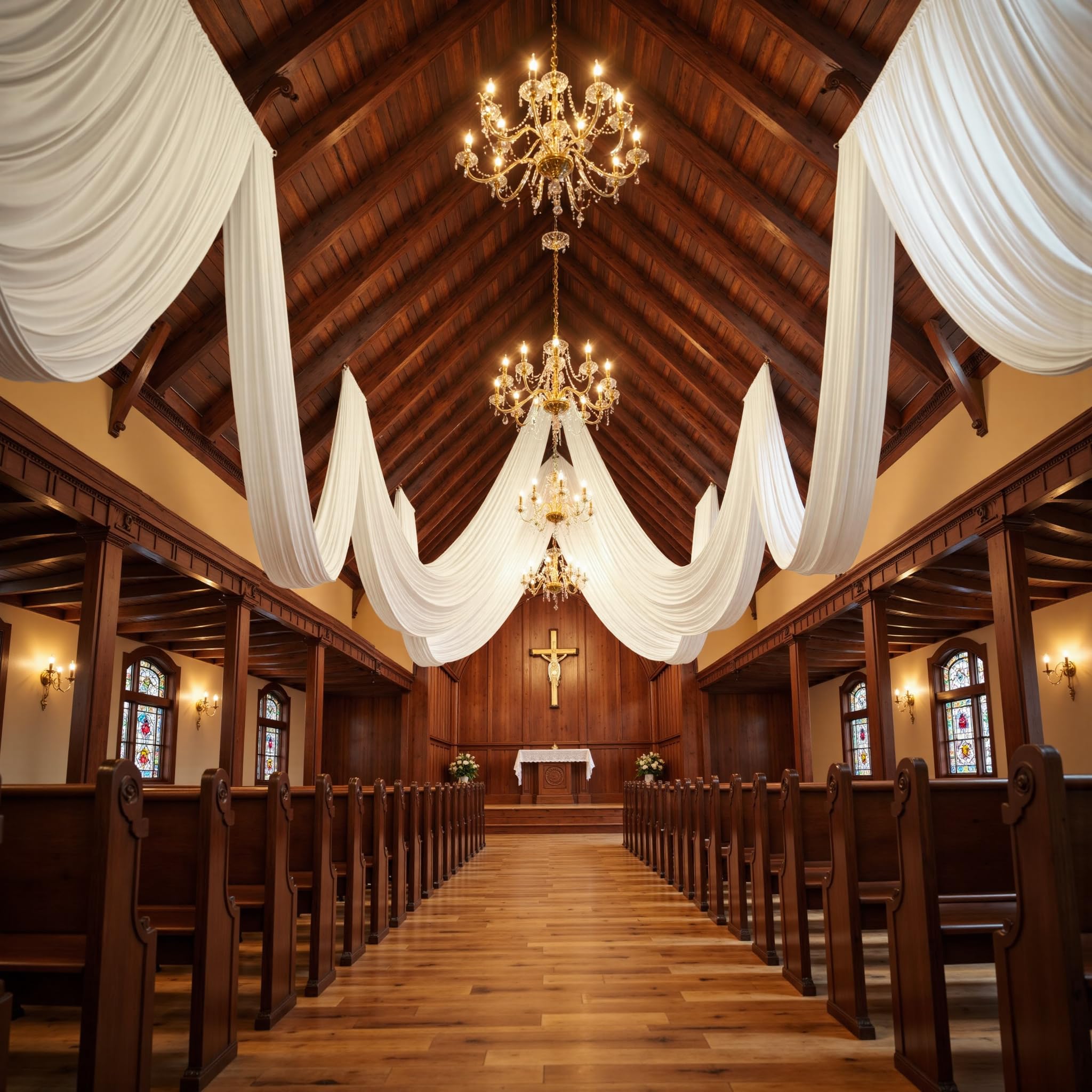 Photo 1 of 2 Panels 5ftx30ft White Ceiling Drapes for Wedding Parties – 30 FT Extra Long Thick Polyester Wrinkle-Free Drapery Tent Decor Decorations for Birthday Party Ceremony Stage Swag