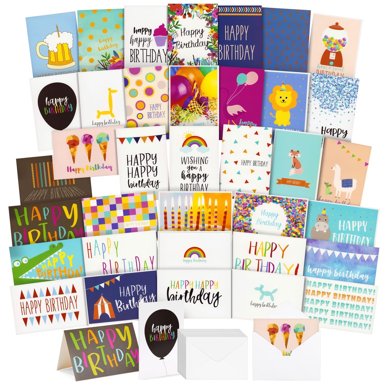 36 Pack Birthday Greeting Cards and Envelopes, 36 Unique Designs for Adults and Kids, 10 x 15 cm