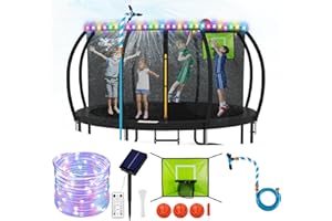 SUMAPNER Trampoline Accessories Kit Kids,Basketball Hoop with 3 Mini Basketballs,50FT Solar Lights Fit 8 10 12 14 15 16FT Trampoline Outdoor 8 Mode,Choose from 2 Kits with Sprinkler or Dart Board & Glow Net