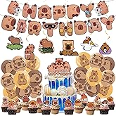 51 Pcs Capybara Birthday Decorations, Capybara Theme Party Decorations Supplies Kit Includes 2 Banners, 1 Cake Toppers, 18 Balloons, 24 Cupcake Toppers, 6 Hanging Swirls for Birthday Party Decor