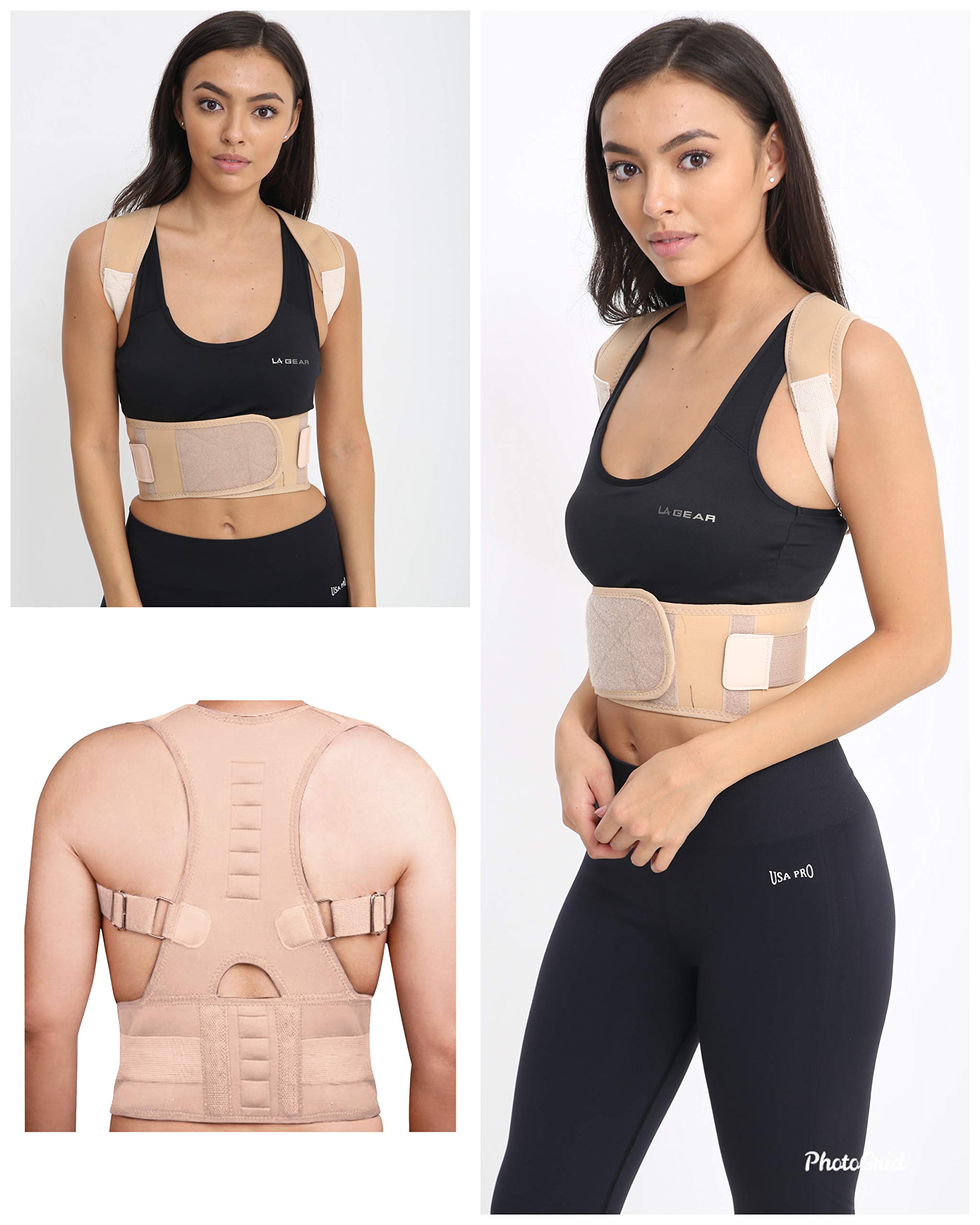 Posture Corrector Deluxe, Magnetic, Adjustable Straps, Neoprene, Four Colours (Large, Beige)