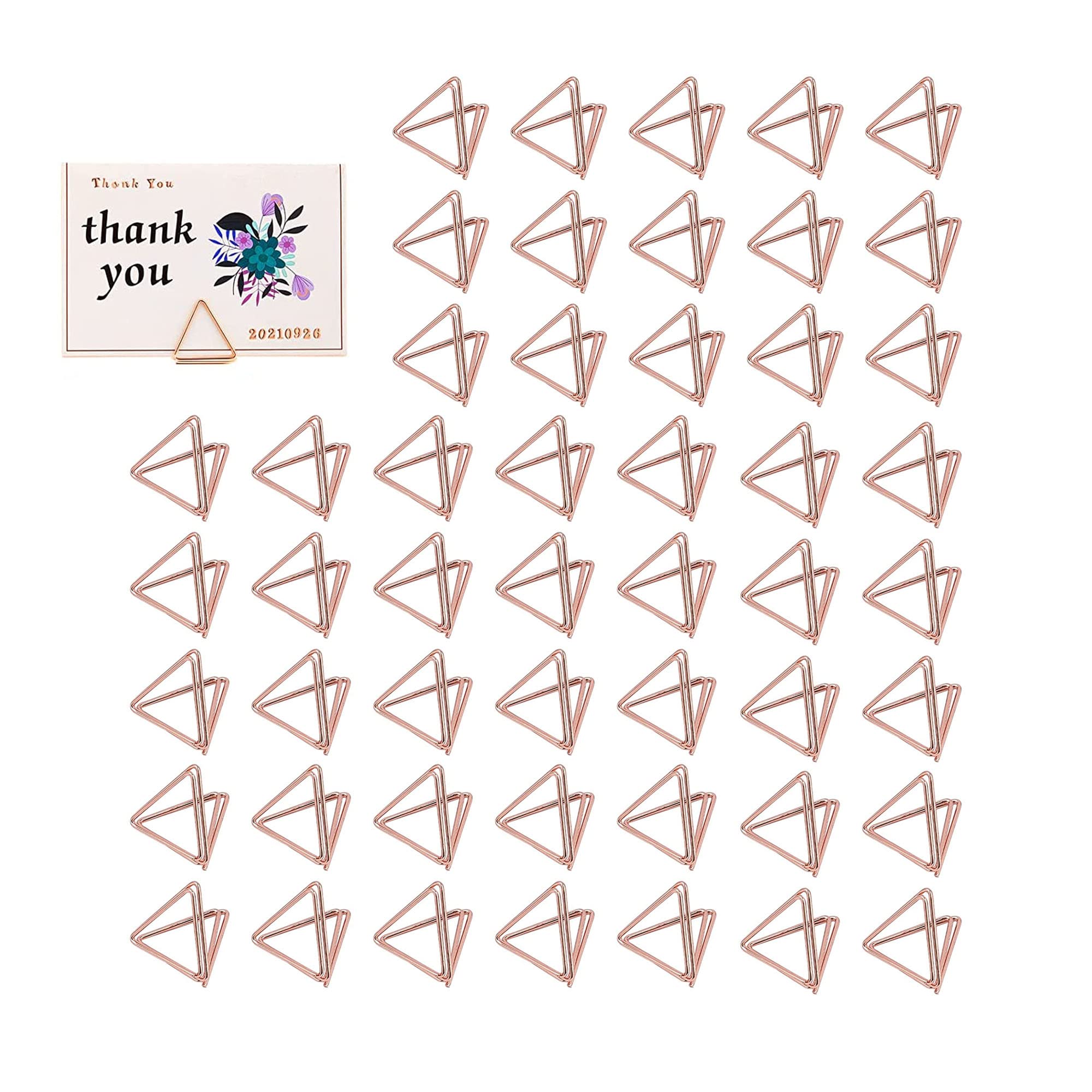 VBNZBK 50 Pcs Triangular Table Card Holder, Table Number Holder, Picture Display Stand, Wedding Business Cards with Foil Border for Wedding Table Card Holders (Rose Gold)