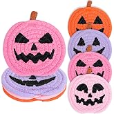 Whaline Halloween Pumpkin Cotton Coasters Colored Pumpkin Face Handmade Braided Drink Coasters Pink Purple Orange Absorbent Cup Mats for Trick or Treat Party Home Table Decor, Set of 4
