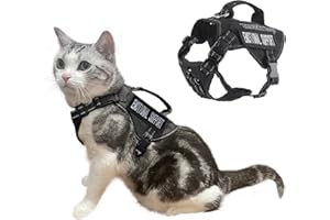 PAPIPETS Tactical Cat Harness Black Adjustable Soft Padded Training Walking Esacpe Cat Vest Harness No-Pull Pet Harness Reflective with Easy Control Handle L