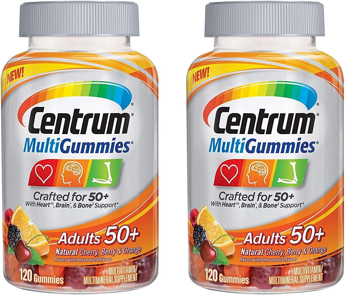 Centrum MultiGummies Adults 50+ Crafted for 50+ for Heart Brain and Bone Support MultiVitamin/MultiMineral in Natural Cherry Berry and Orange Flavor (120 Gummies) Pack of 2