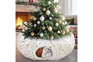 CORALMEE Cat Tunnel Christmas Tree Skirt, Cat Tunnel Bed with Hanging Toy Ball, Foldable Plush Cats Cave Donut Tunnel Christmas Decorations, Kitty Tunnel for Indoor Kitten Rabbit Puppy, White Gilded