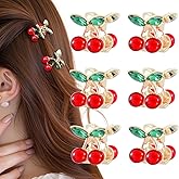 6PCS Rhinestones Cherry Small Hair Clips-Mini Claw Clips for Women, Metal Springs, Cute Hair Accessories for Updo and Half Up Styles (Green Cherry)