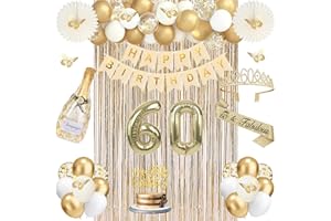 60th Birthday Decorations for Women, 49pcs Champagne Gold 60th Birthday Party Decor, 60 Sash and Crown, Fringe Curtain, Banne