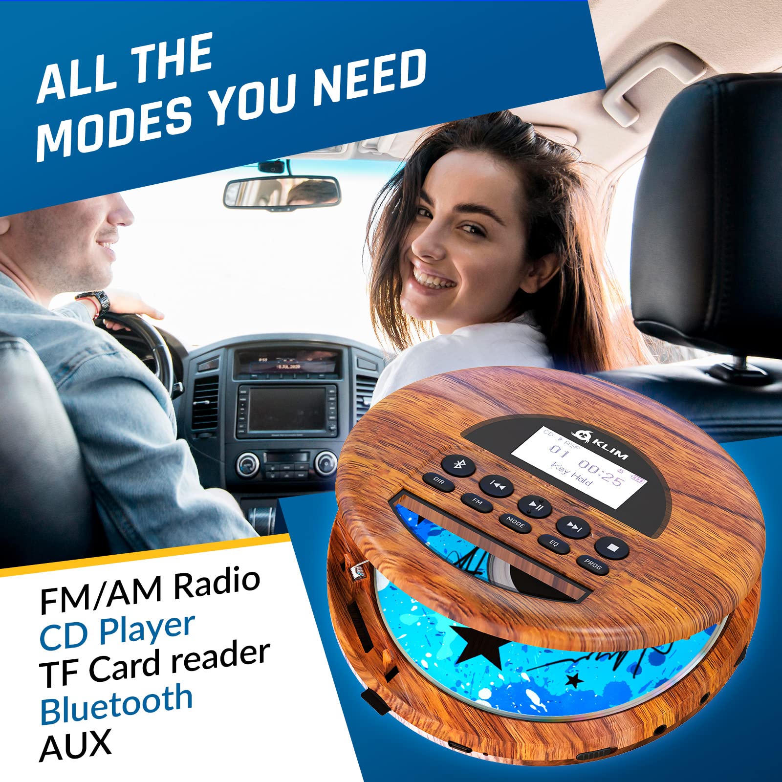 KLIM Nomad Wood - New - Portable CD Player Walkman - Long-Lasting Battery - Includes Headphones - Radio FM - Compatible MP3 CD Player Portable - TF Card Radio FM Bluetooth - Ideal for Cars